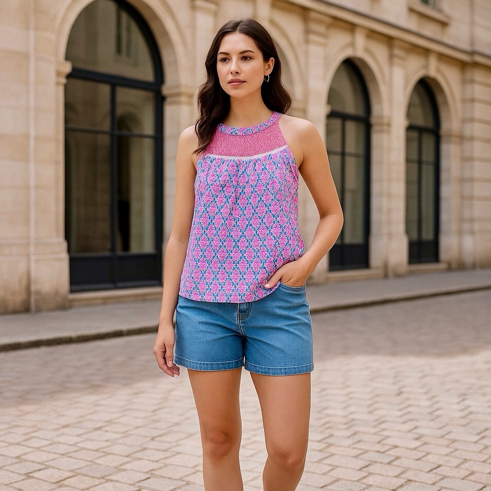 Boho Chic Women’s High Neckline Sleeveless Multicolor Printed Top‎